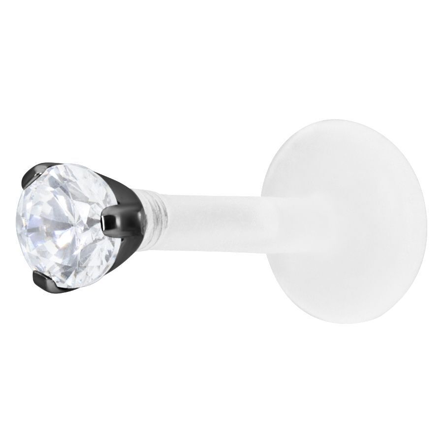 Schwarzer Labret mit kristallklarem Stein, 2,5 mm Kugel auf weißem Hintergrund