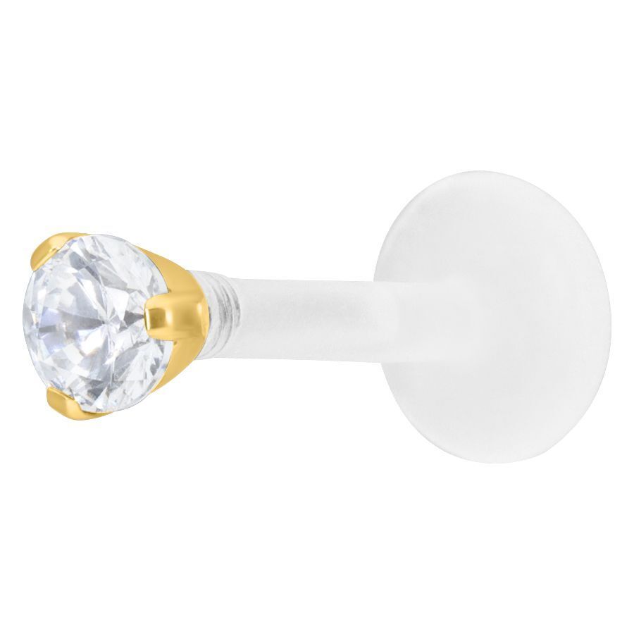 Goldener Labret-Piercing mit 2,5 mm kristallklarem Stein auf weißem Hintergrund