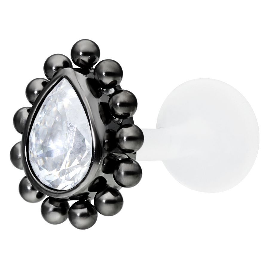 Schwarzes Labret mit kristallklarem Tropfen und PTFE Stab