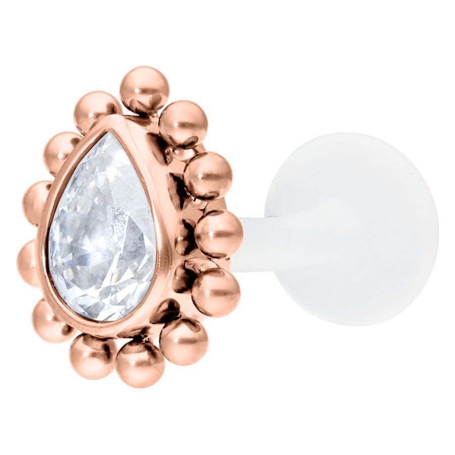 Labret in Roségold mit kristallklarem Tropfen und PTFE-Stab
