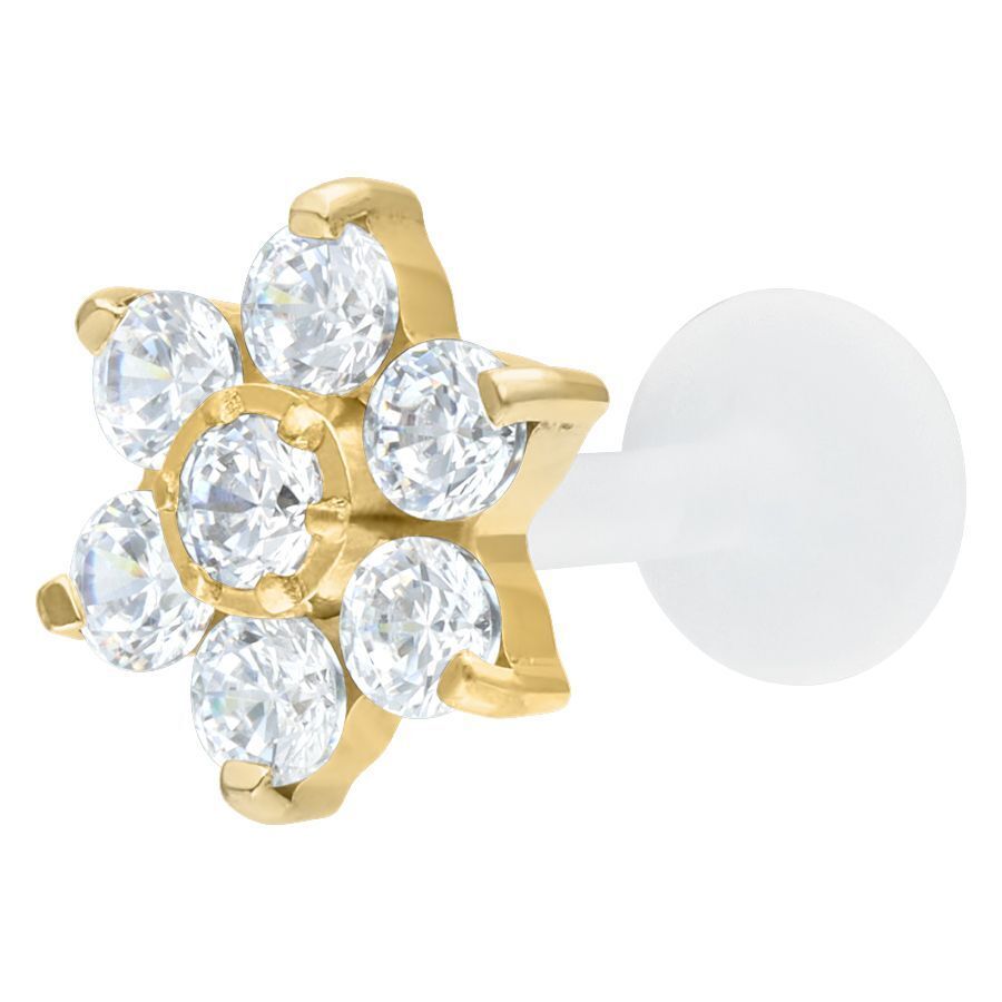 Goldenes Labret mit blumenförmigem Kristallaufsatz, klare Kristalle