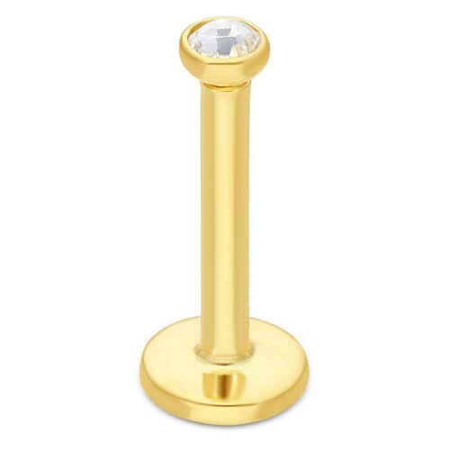 Goldenes Labret aus 750er Gold mit kristallklarem Stein auf weißem Hintergrund