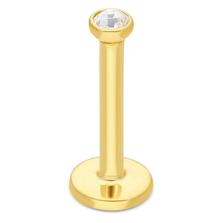 Goldenes Labret aus 750er Gold mit kristallklarem Stein auf weißem Hintergrund