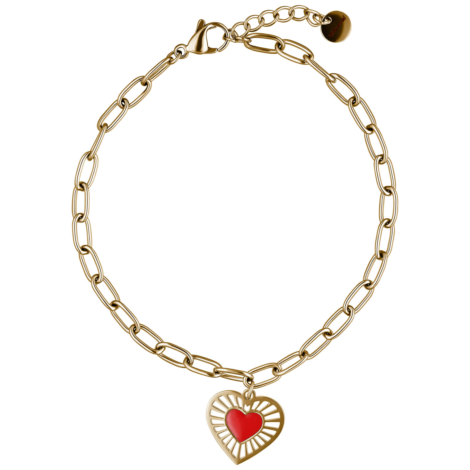 Goldenes Armband mit rotem Herzanhänger auf weißem Hintergrund