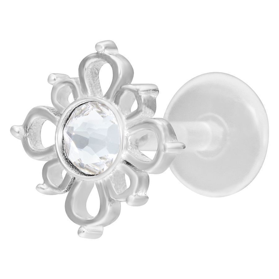 Silbernes Oriental Sun Labret mit klarem Kristall auf weißem Hintergrund