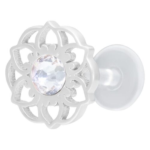 Silbernes Labret mit Mandala-Blumenform und klarem Kristall auf weißem Hintergrund
