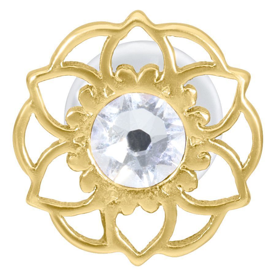 Goldenes Push-Fit Labret mit Mandala-Blumenmotiv und klarem Kristall auf weißem Hintergrund