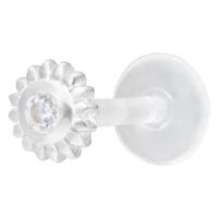 Silbernes Ice Flower Push-Fit Labret Piercing Silbernes Labret Piercing mit kristallklarem Stein auf weißem Hintergrund