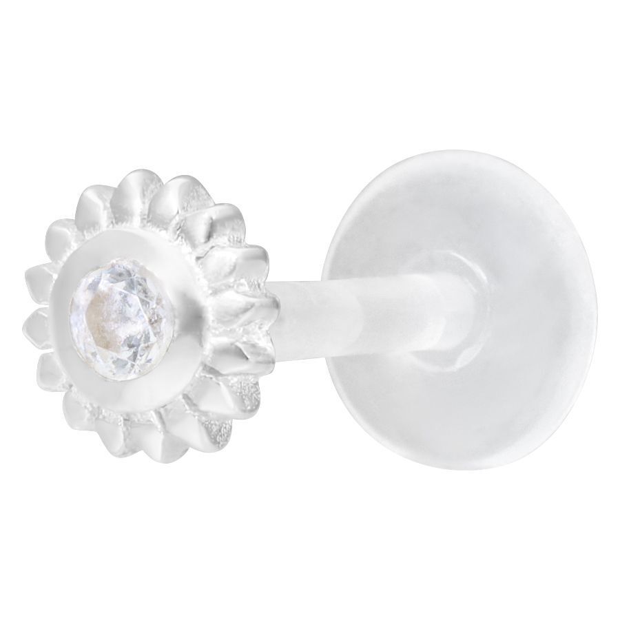 Silbernes Ice Flower Push-Fit Labret Piercing Silbernes Labret Piercing mit kristallklarem Stein auf weißem Hintergrund
