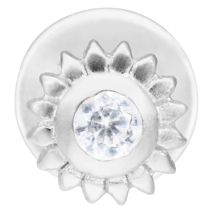 Silbernes Ice Flower Push-Fit Labret mit Kristall Silbernes Labret mit kristallklarem Stein in Blütenform auf weißem Hintergrund