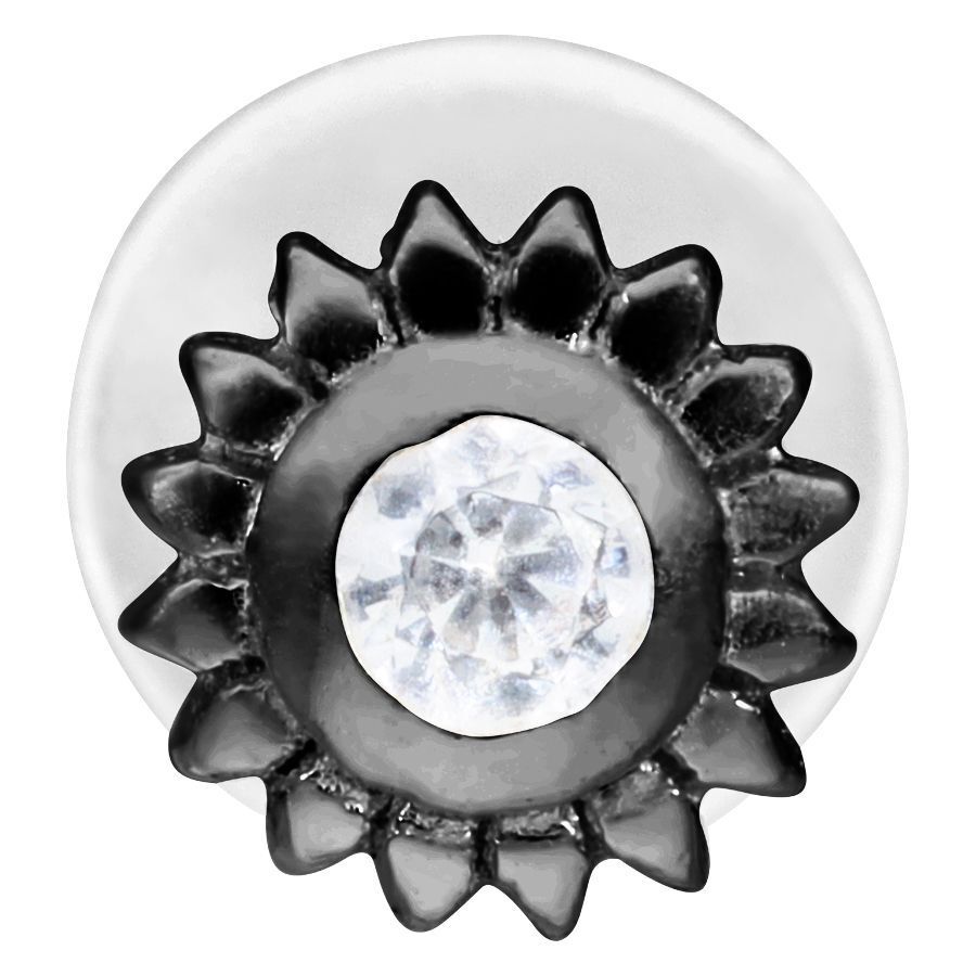 Schwarzes Labret mit blumenförmigem Design und klarem Kristall auf weißem Hintergrund