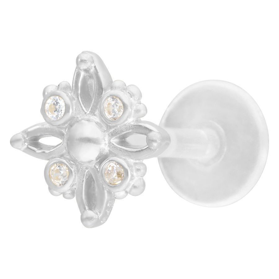 Silbernes Polar Star Push-Fit Labret Silberfarbenes Labret mit sternförmigem Aufsatz und Kristallen auf weißem Hintergrund