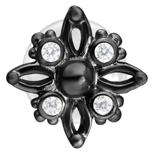 Schwarzes Push-Fit Labret mit sternförmigem Design und kristallklaren Steinen auf weißem Hintergrund