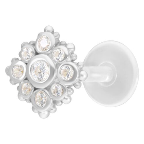 Silbernes Push-Fit Labret mit kristallklaren Steinen auf weißem Hintergrund