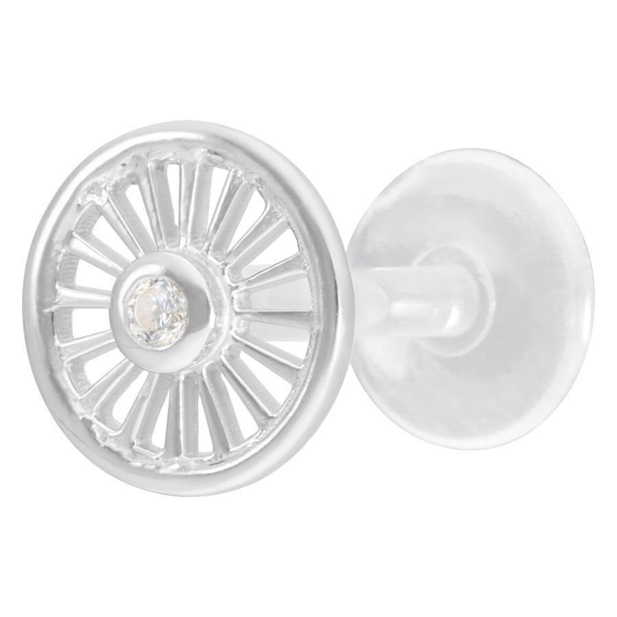 Silbernes Suncircle Push-Fit Labret mit Kristall Silbernes Labret mit runden Kristallaufsatz auf weißem Hintergrund