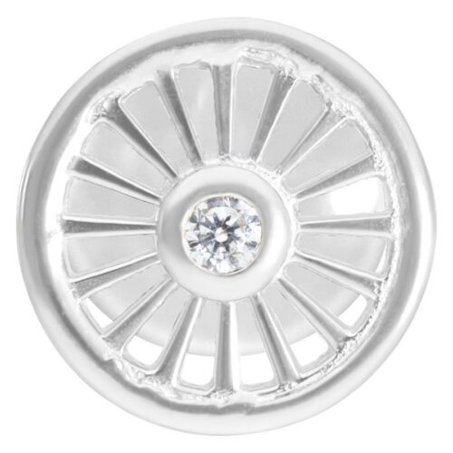 Silbernes Suncircle Push-Fit Labret mit rundem Kristall auf weißem Hintergrund