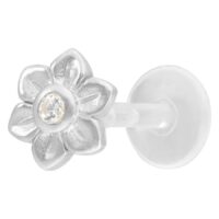 Blumen Push-Fit Labret in Silber mit Kristall Silbernes Blumen Labret mit klarem Kristall auf weißem Hintergrund