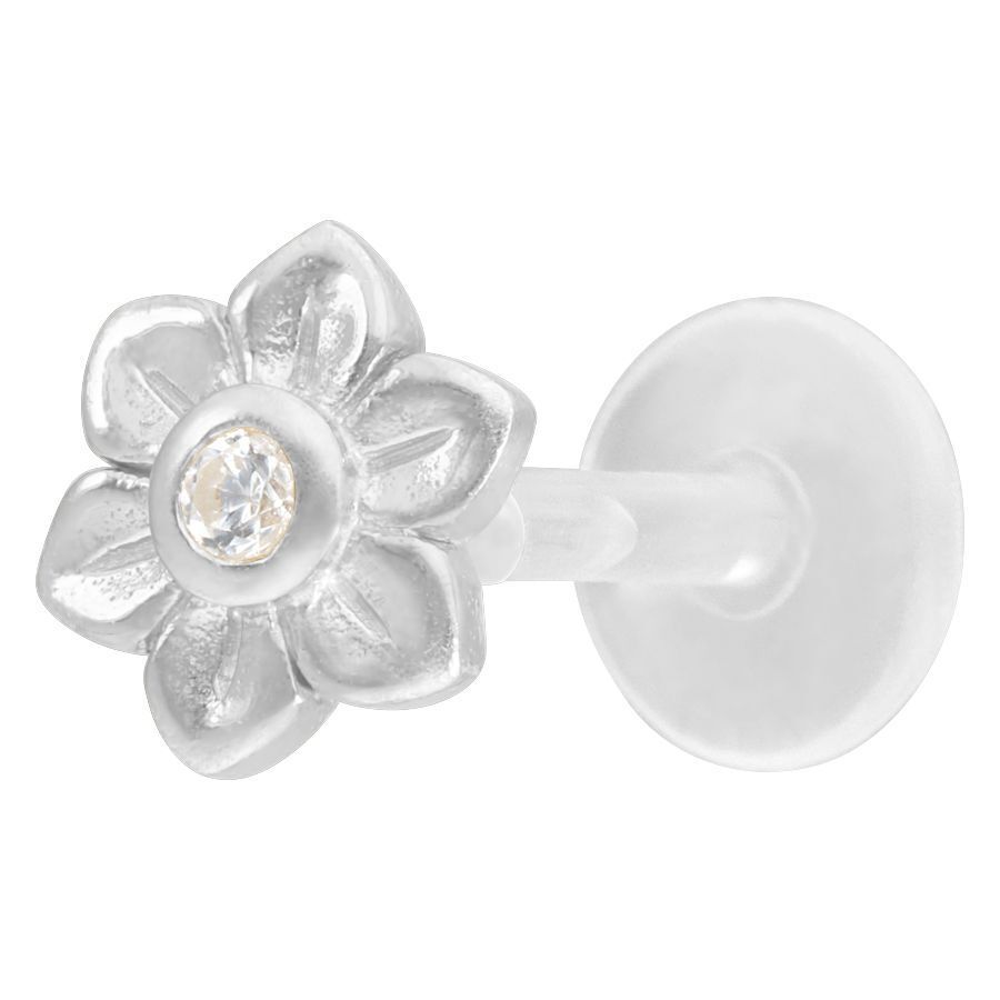 Blumen Push-Fit Labret in Silber mit Kristall Silbernes Blumen Labret mit klarem Kristall auf weißem Hintergrund
