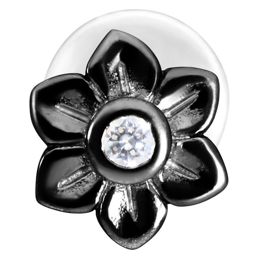 Schwarzes Labret in Blumenform mit klarem Kristall auf weißem Hintergrund