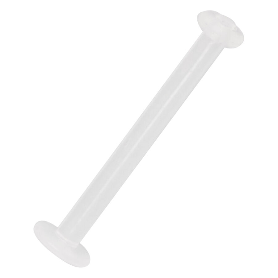 Transparenter Labret aus Bioplast Durchsichtiger Labret aus Bioplast mit flachen Enden, auf weißem Hintergrund