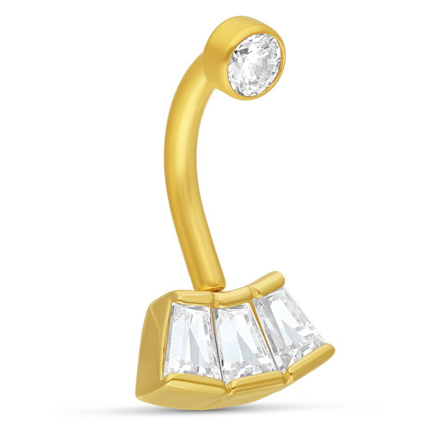 18K Gold Baguette Kristall Microbananabell Goldenes Microbananabell mit klaren Kristallen auf weißem Hintergrund