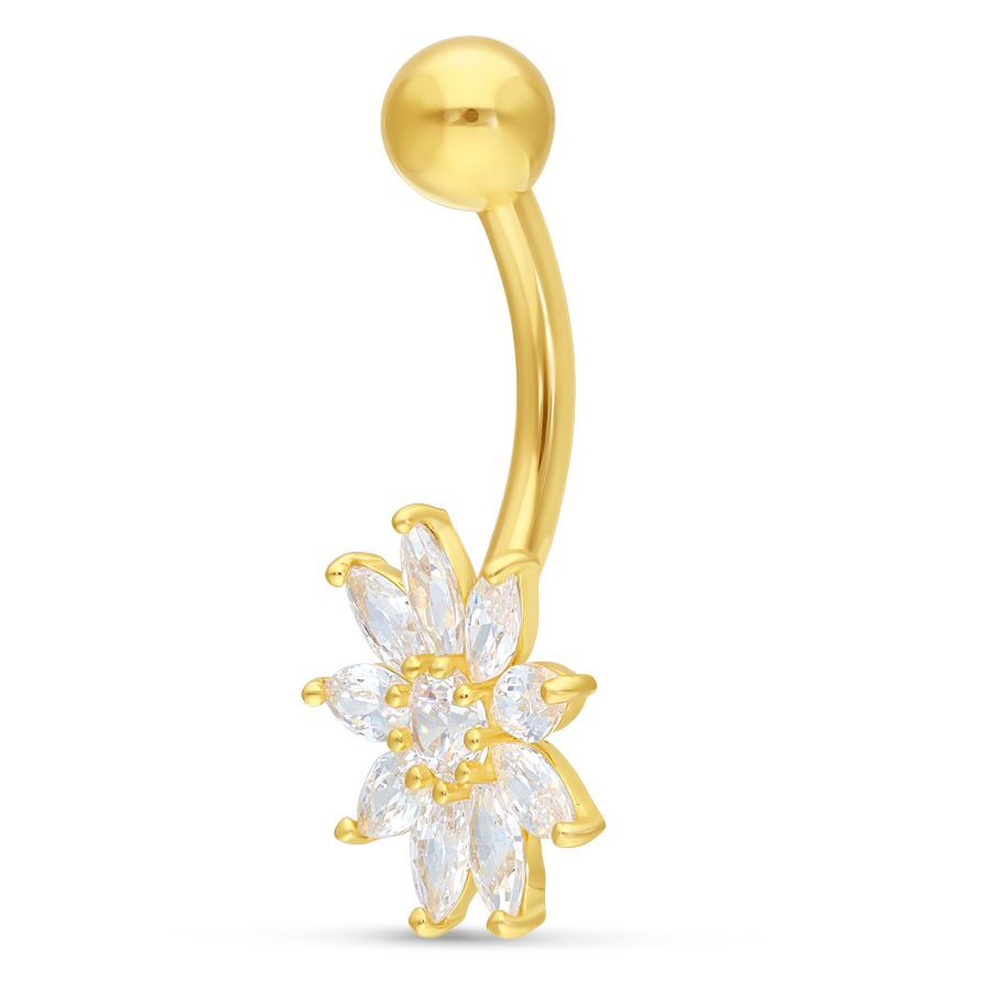 18k Gold Bananabell mit Kristallblume Bauchnabelpiercing aus 18k Gold mit Kristallblume auf weißem Hintergrund