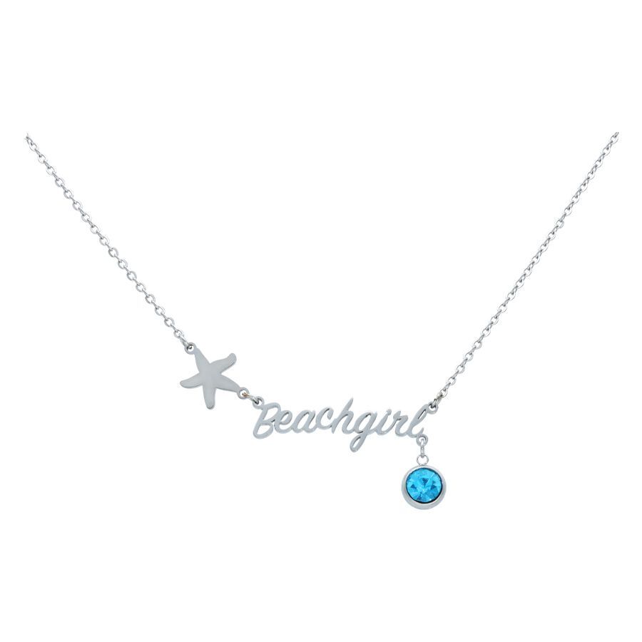 Silberne Beachgirl Kette mit Aquamarin Kristall Silberne Kette mit Sternanhänger, Schriftzug 'Beachgirl' und blauem Kristall