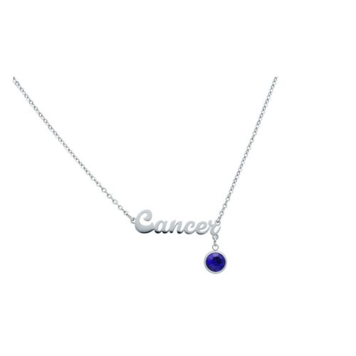 Silberne Kette mit 'Cancer' Schriftzug und blauem Kristallanhänger auf weißem Hintergrund