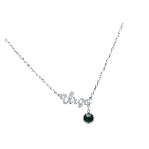 Silberne Kette mit Virgo-Schriftzug und schwarzem Anhänger auf weißem Hintergrund