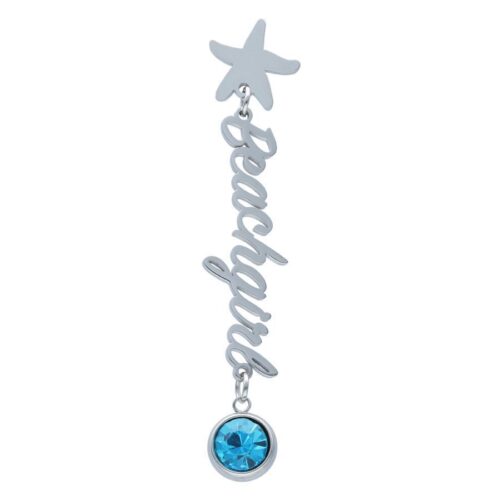 Silberner Ohrstecker mit Beachgirl-Schriftzug und aquamarinblauem Kristall