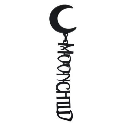 Schwarze Ohrstecker mit Mondmotiv und 'Moonchild' Schriftzug auf weißem Hintergrund