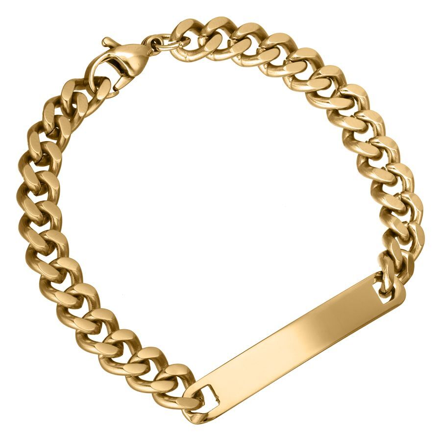 Goldenes Armband aus Chirurgenstahl 316L mit Gravurplatte auf weißem Hintergrund