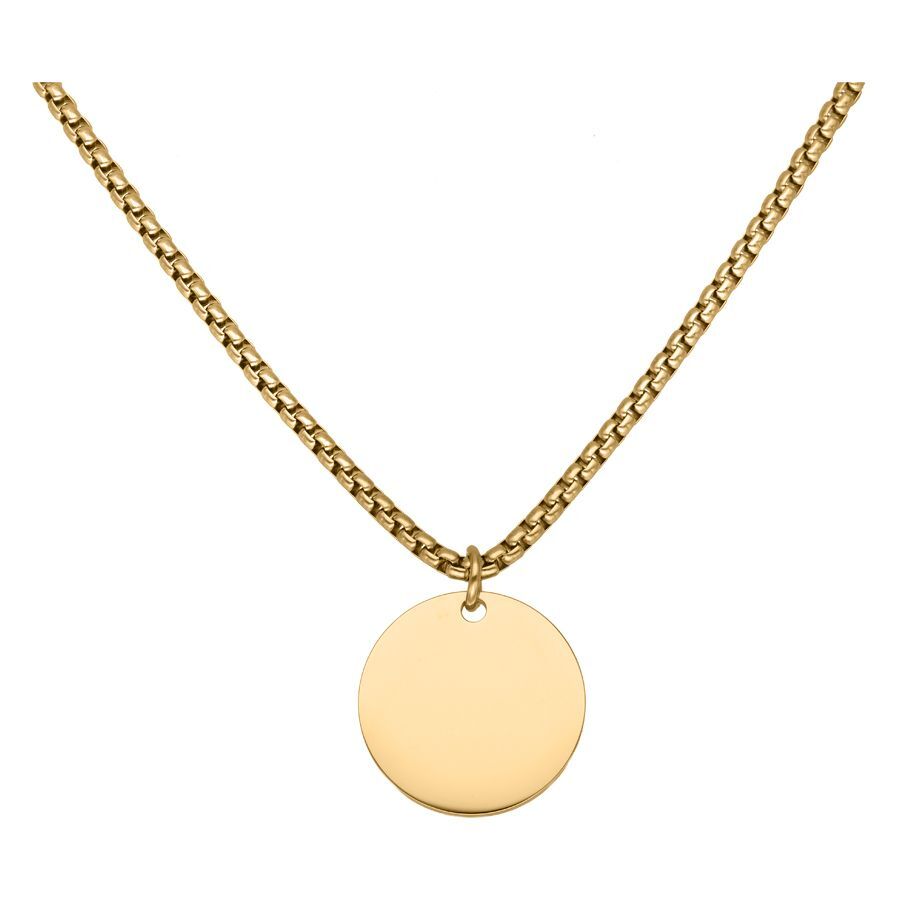 Goldene Kette mit rundem, gravierbarem Anhänger auf weißem Hintergrund