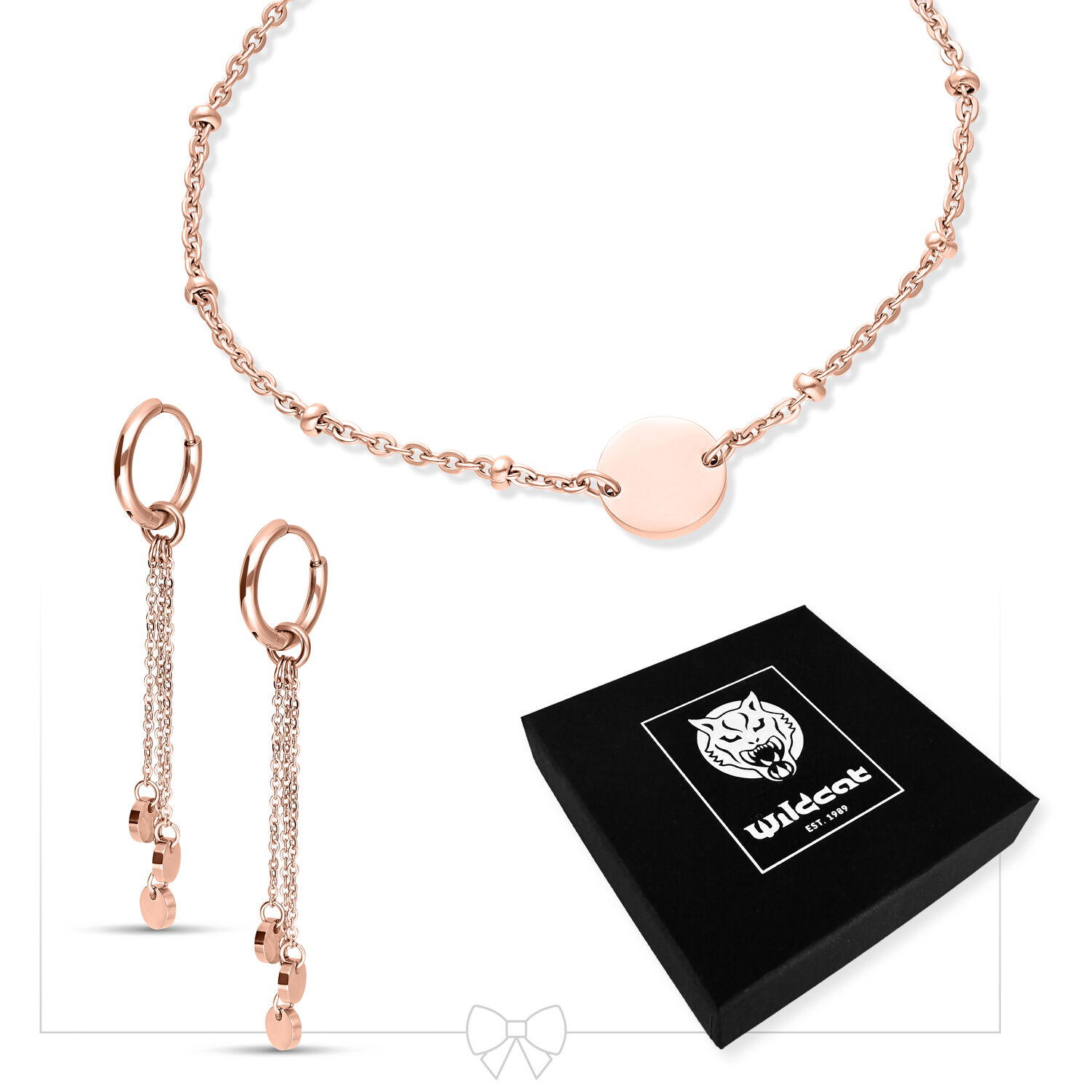 Roségoldenes Armband mit Plättchen und passende Ohrringe auf weißem Hintergrund