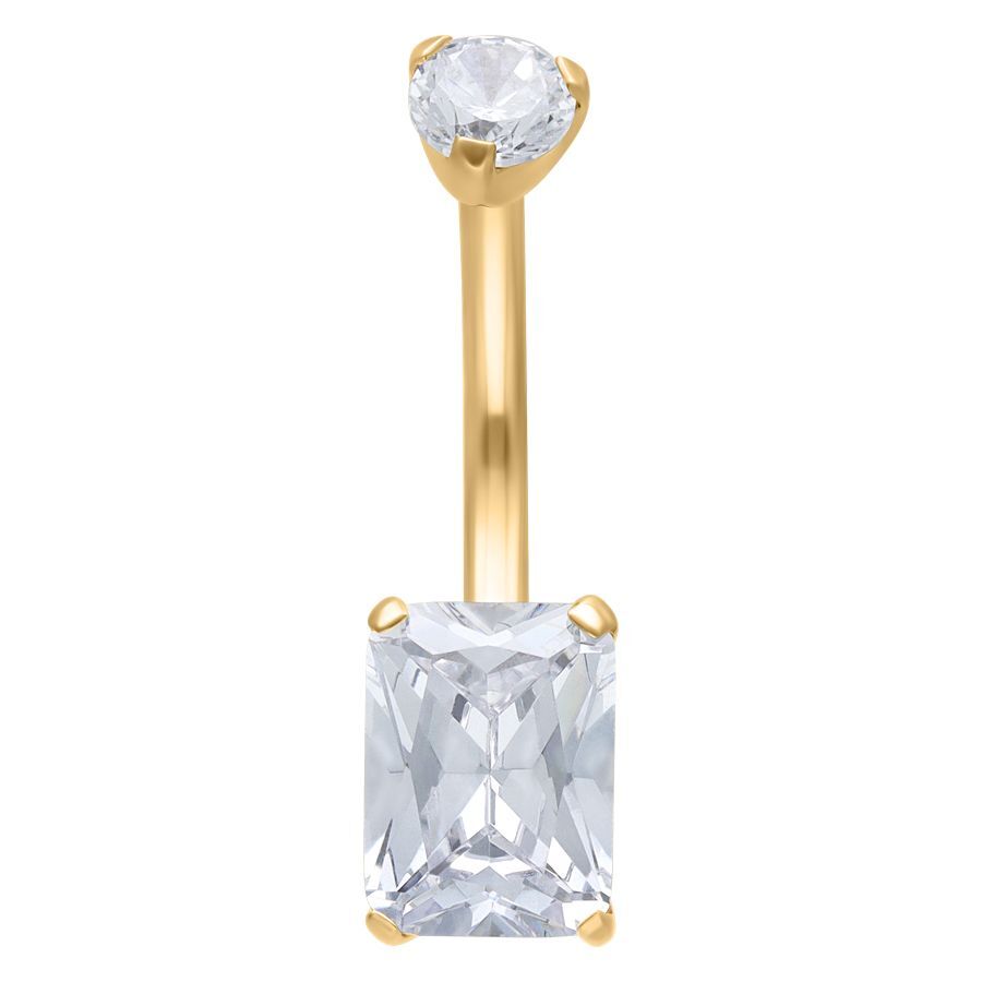 Goldenes Bauchnabelpiercing mit rechteckigem und rundem Kristall auf weißem Hintergrund