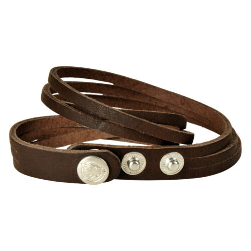 Dunkelbraunes Lederarmband mit Druckknöpfen, flach ausgelegt