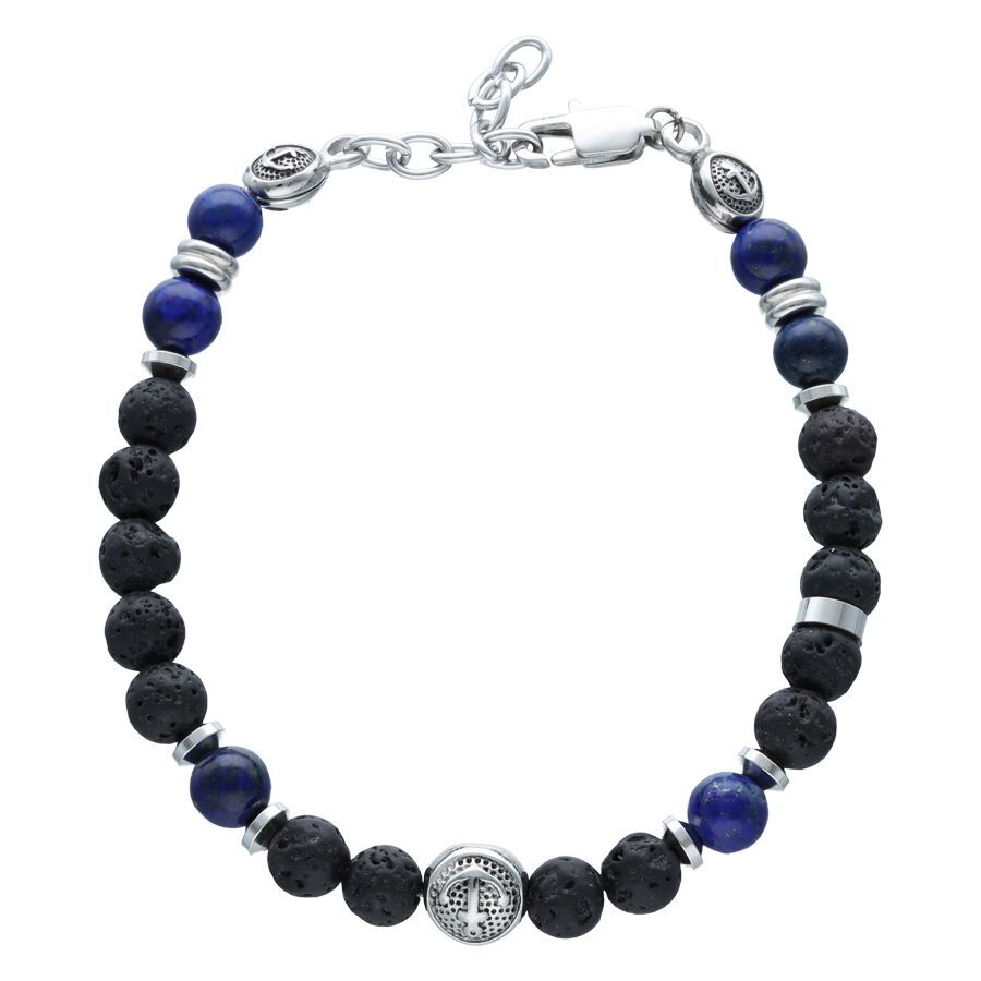 Unisex Armband mit Anker und Lavaperlen Schwarzes und blaues Armband mit Anker und Lavaperlen auf weißem Hintergrund
