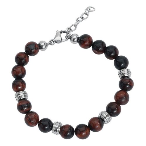 Mahagony braunes Armband mit Chirurgenstahl, rote und schwarze Perlen, silberne Details