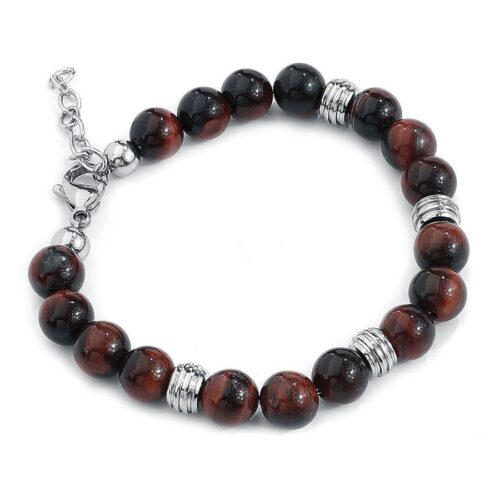 Unisex Armband aus braunen Steinen und silbernen Elementen auf weißem Hintergrund