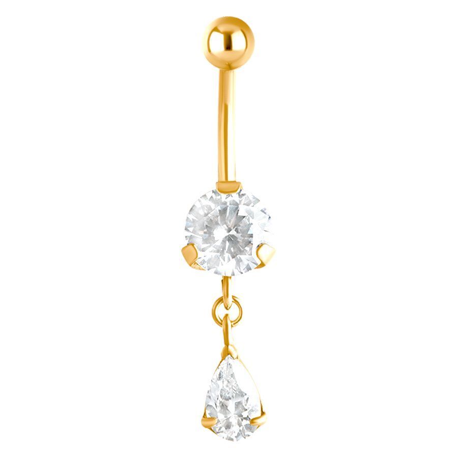 Goldenes Bauchnabelpiercing mit klaren Kristallen auf weißem Hintergrund
