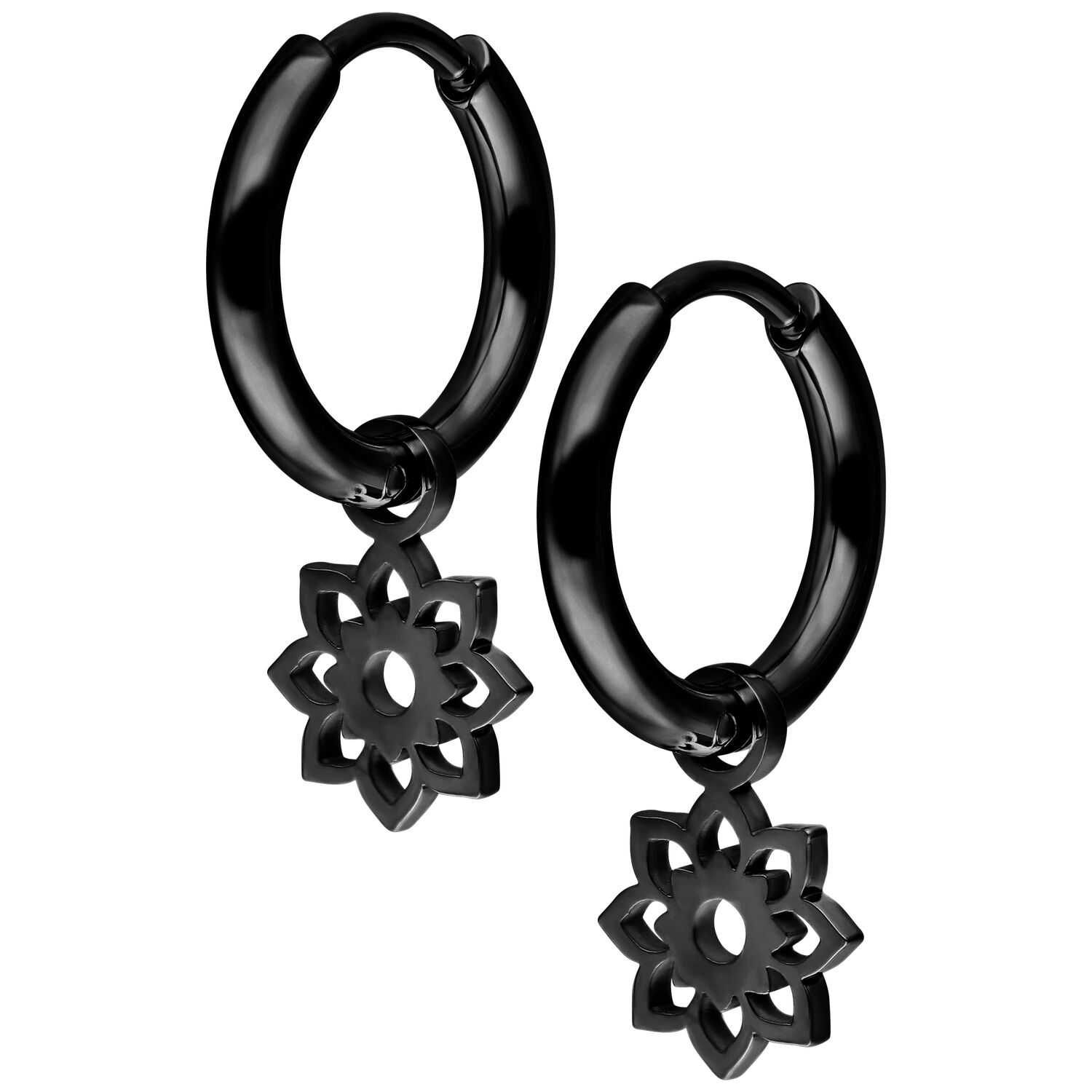 Schwarze Ohrringe aus Chirurgenstahl mit Blumenanhängern auf weißem Hintergrund