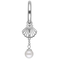 Mini-Ohrringe mit Muschel und Perle Silberne Creole mit Muschelanhänger und Perle auf weißem Hintergrund