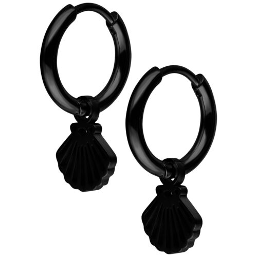 Schwarze Mini Shell Hoops aus Chirurgenstahl auf weißem Hintergrund