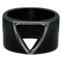 Schwarzer Vintage Dreieckring aus Stahl Schwarzer Ring mit Vintage-Dreieck-Design auf weißem Hintergrund