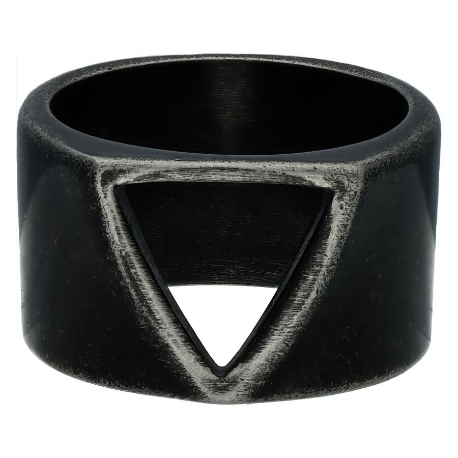 Schwarzer Vintage Dreieckring aus Stahl Schwarzer Ring mit Vintage-Dreieck-Design auf weißem Hintergrund