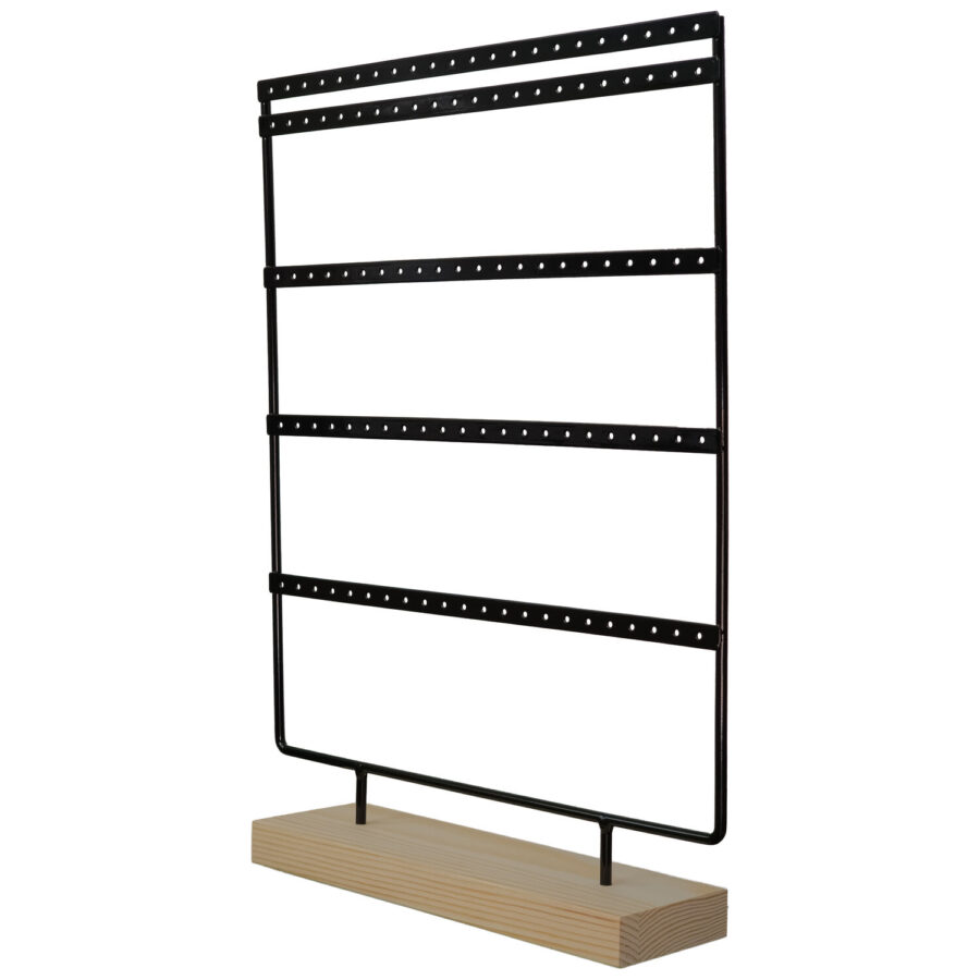 Schwarzes Metall-Display für Ohrringe auf Holzsockel, freistehend