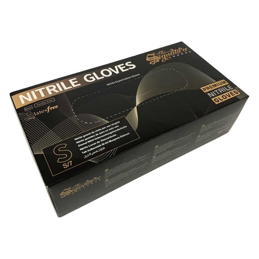 Schwarze Nitrilhandschuhe Verpackung Schwarze Verpackung von Nitrilhandschuhen mit goldener Schrift auf weißem Hintergrund