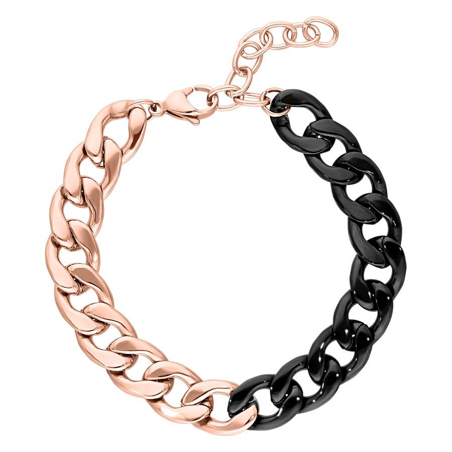 Zweifarbiges Armband aus Chirurgenstahl, Kettenglieder in Roségold und Schwarz auf weißem Hintergrund