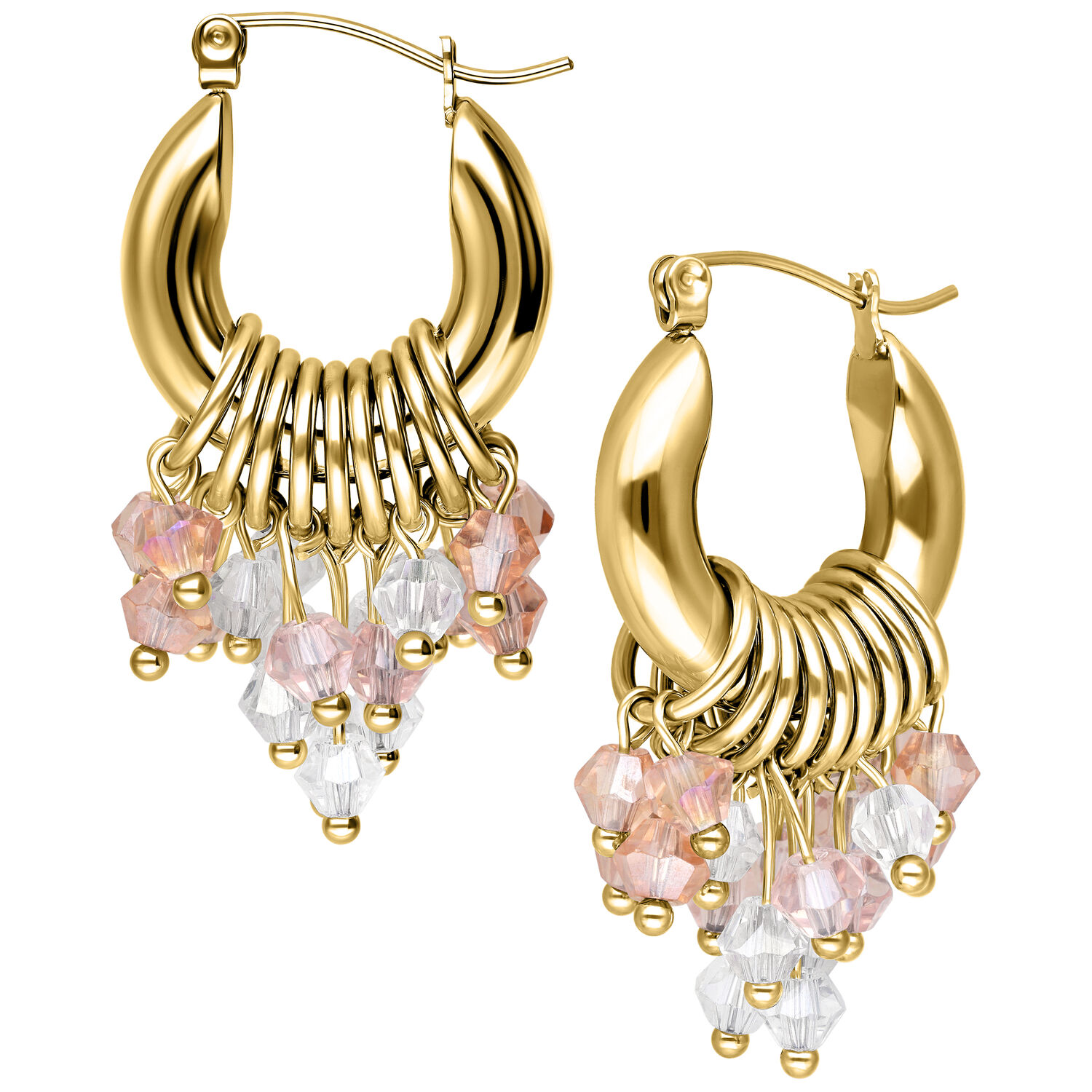 Goldene Ohrringe aus Chirurgenstahl mit rosa und klaren Kristallanhängern