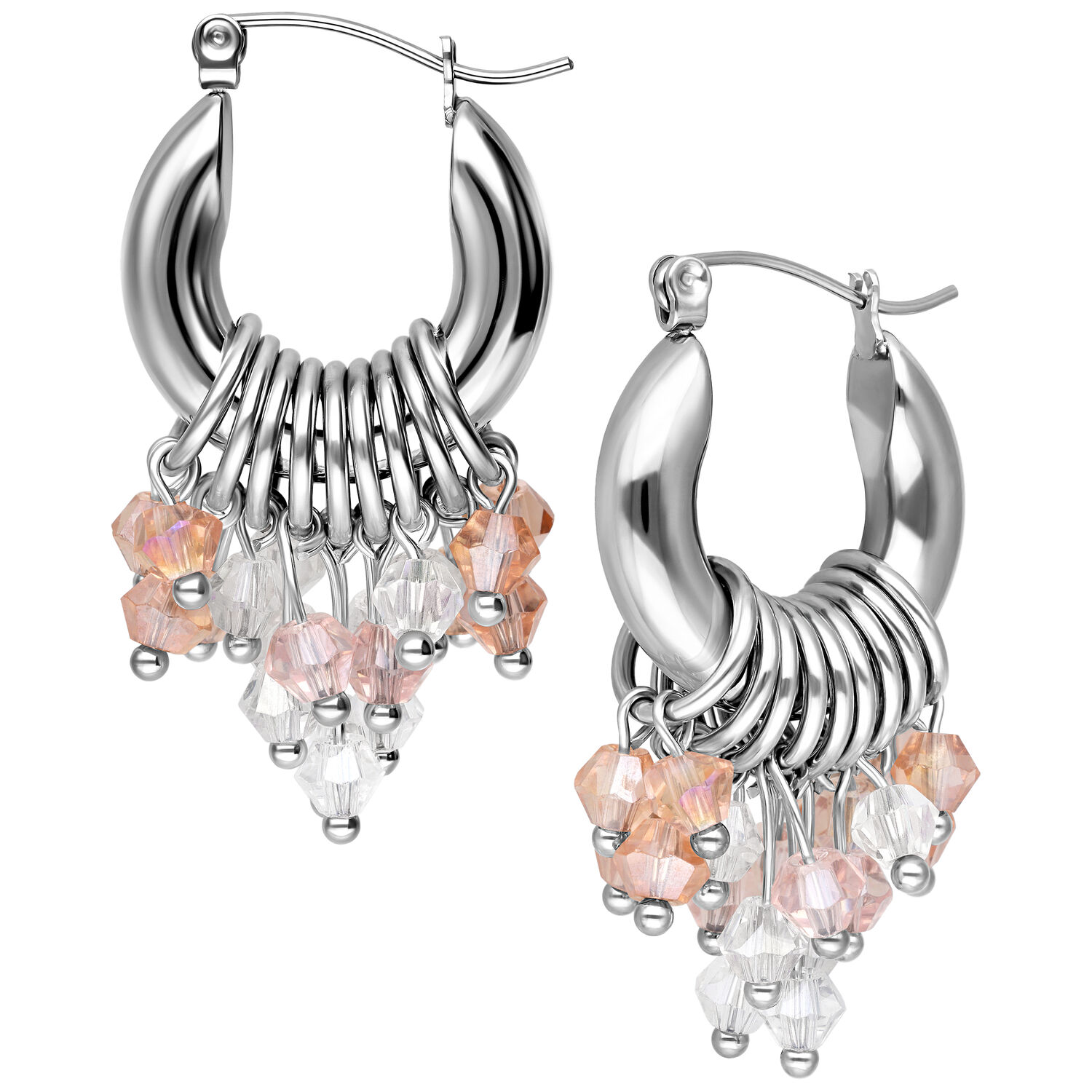 Silberne Glamour Hoops mit Kristallanhängern Silberne Creolen mit rosa und klaren Kristallanhängern auf weißem Hintergrund